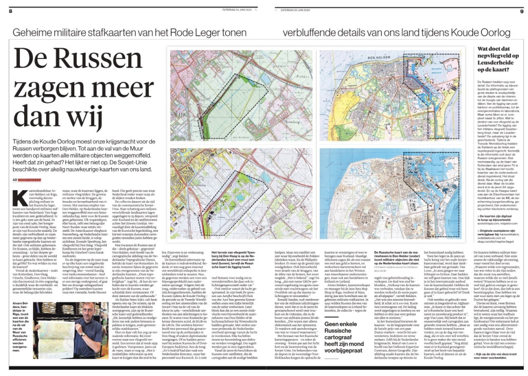 Dubbele pagina uit het Algemeen Dagblad van 20 juni 2020 over geheime militaire stafkaarten van het Rode Leger